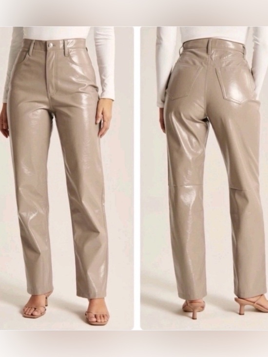 Abercrombie & Fitch Pants - A&F Taupe Vegan Patent Leather The 90s Straight Ultra High-Rise, 8 short